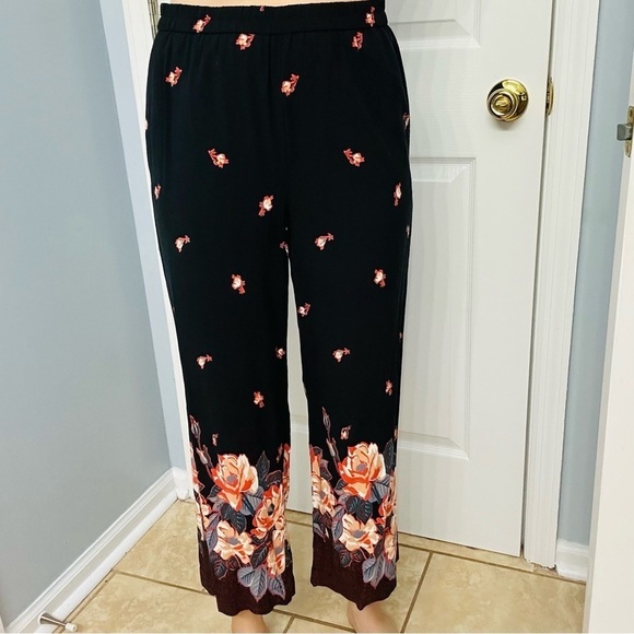 Anthropologie Pants Wide Leg Cropped Boho Black Floral Summer Vacation Small - Picture 1 of 6